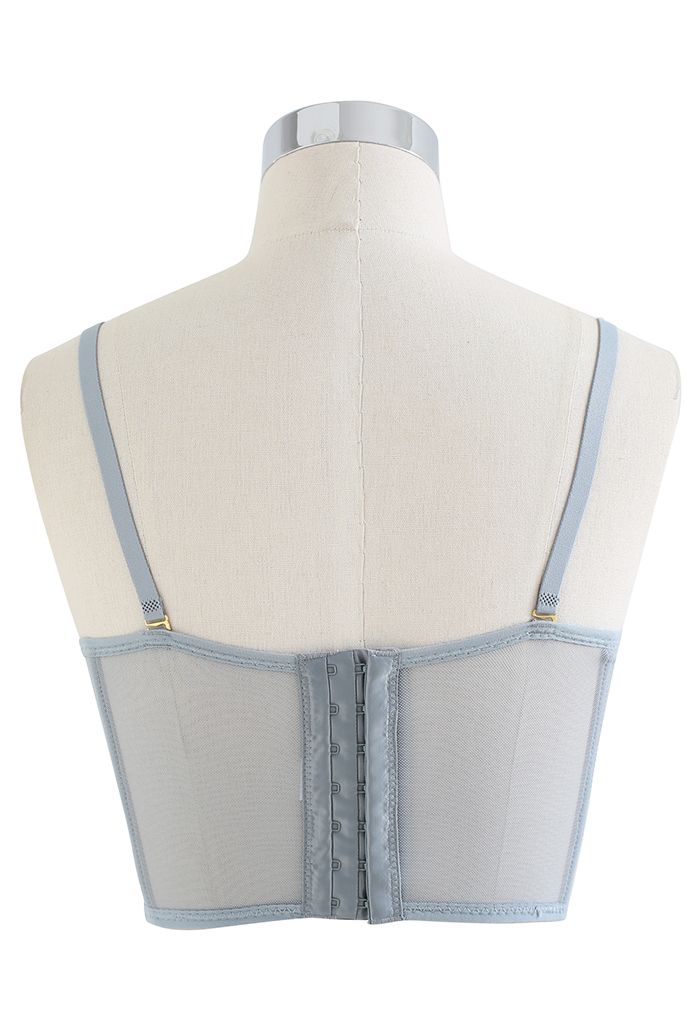 Branch Embroidered Mesh Bra Top in Dusty Blue