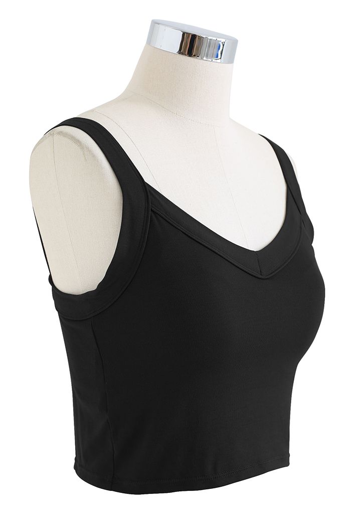 Soft V-Neck Crop Tank Top in Black