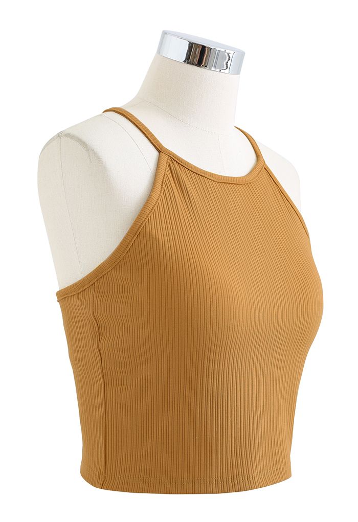 Halter Neck Racer Back Ribbed Top in Pumpkin