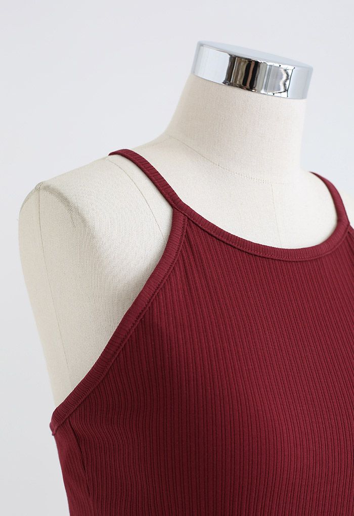 Halter Neck Racer Back Ribbed Top in Burgundy