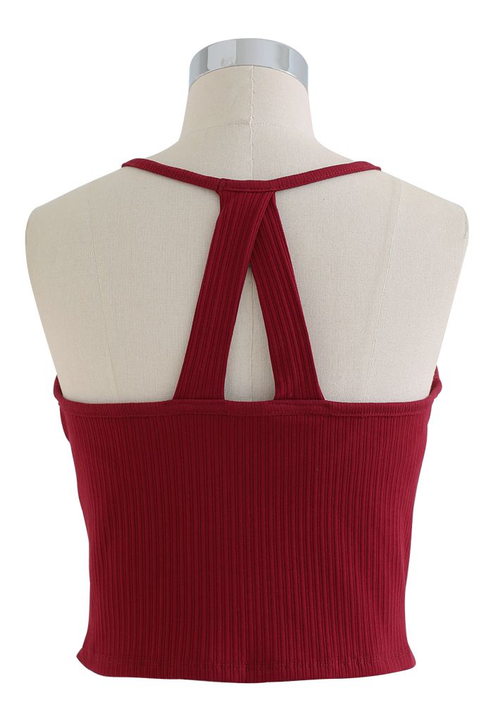 Halter Neck Racer Back Ribbed Top in Burgundy