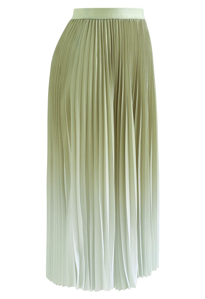 Moss Green Gradient Pleated Midi Skirt