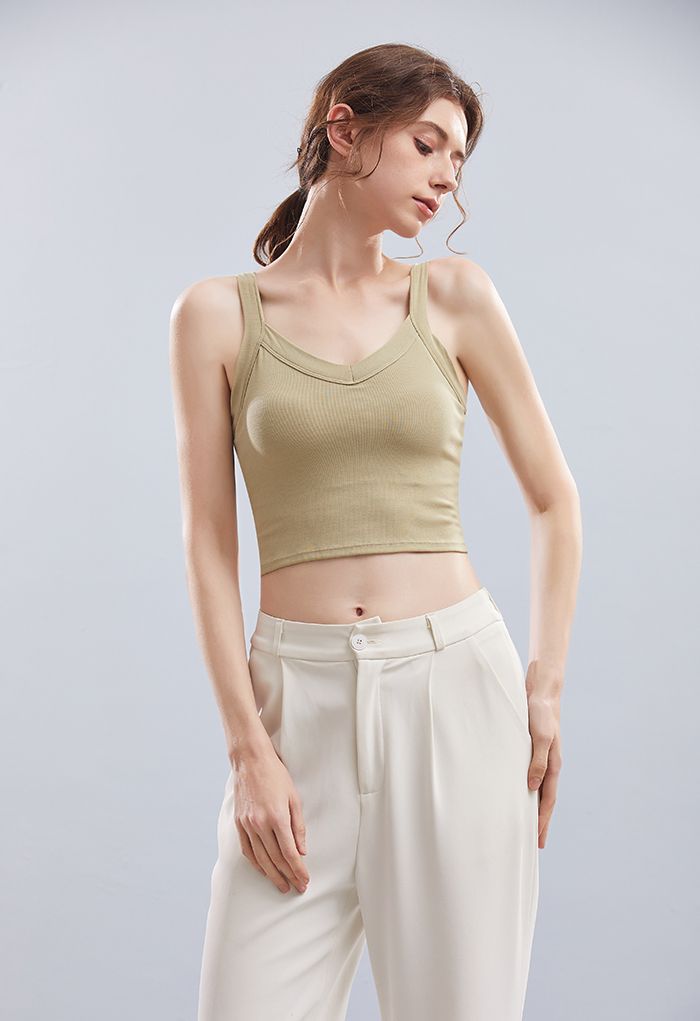 Soft V-Neck Crop Tank Top in Pea Green