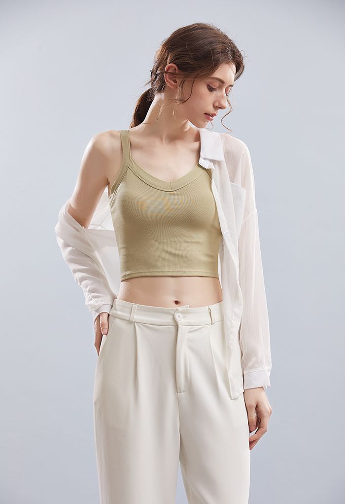Soft V-Neck Crop Tank Top in Pea Green
