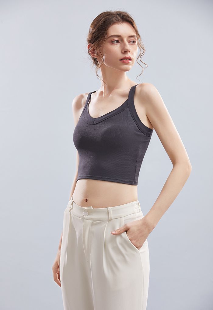 Soft V-Neck Crop Tank Top in Smoke