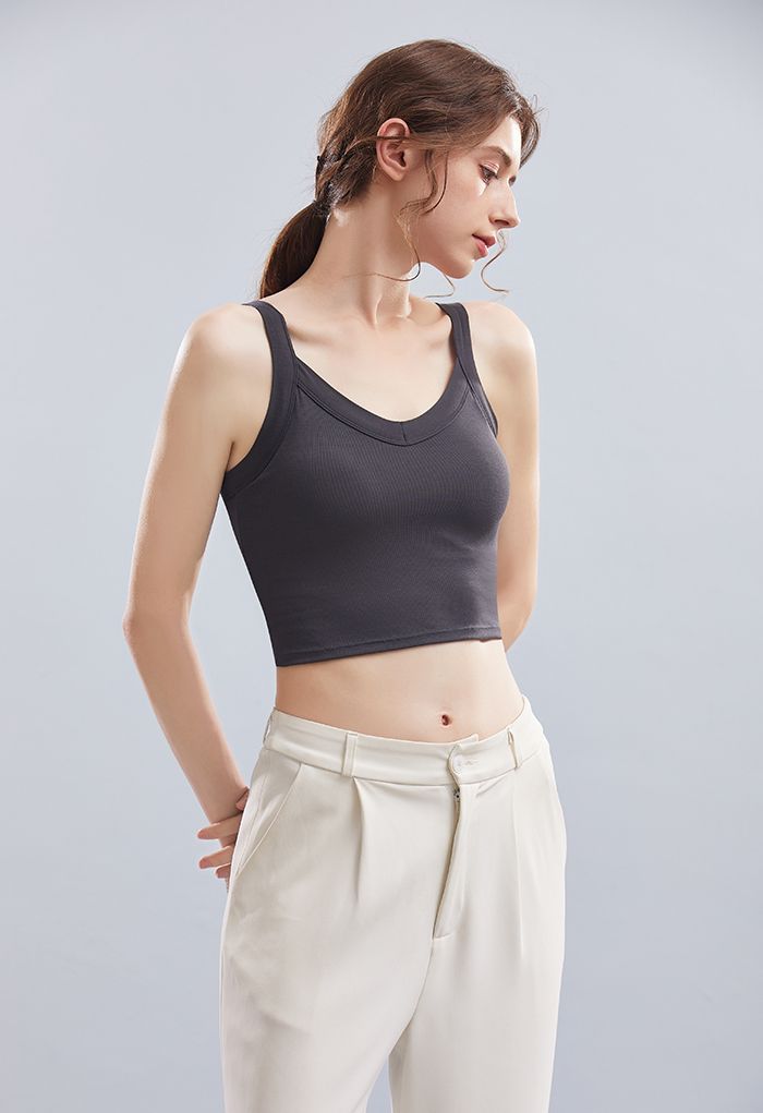 Soft V-Neck Crop Tank Top in Smoke
