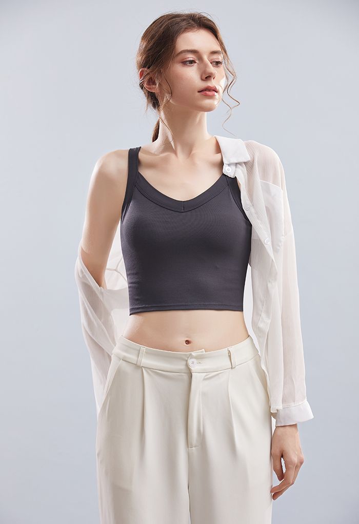 Soft V-Neck Crop Tank Top in Smoke
