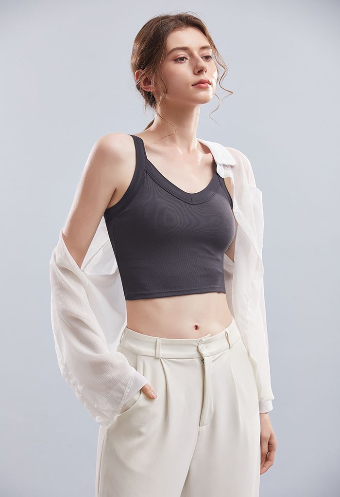 Soft V-Neck Crop Tank Top in Smoke