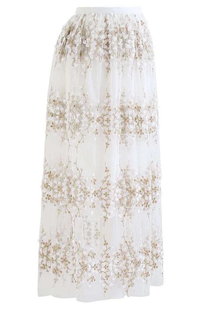 3D Vine Embroidered Mesh Tulle Skirt