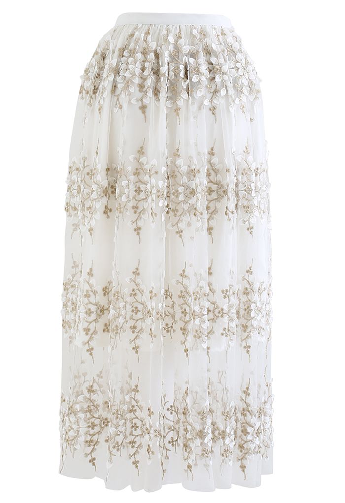 3D Vine Embroidered Mesh Tulle Skirt
