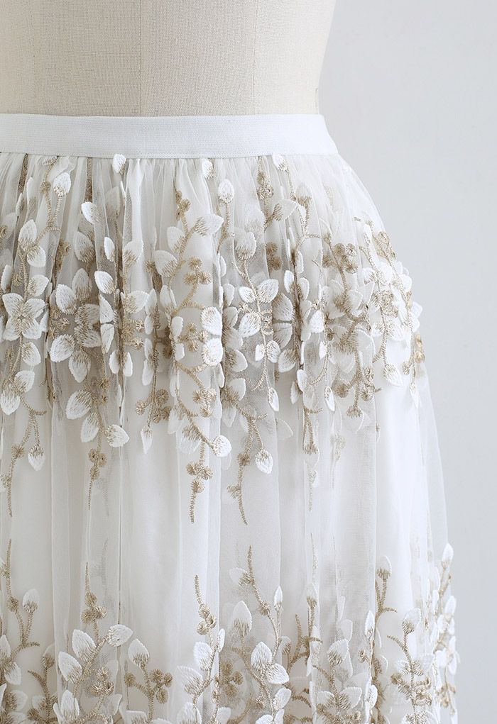 3D Vine Embroidered Mesh Tulle Skirt