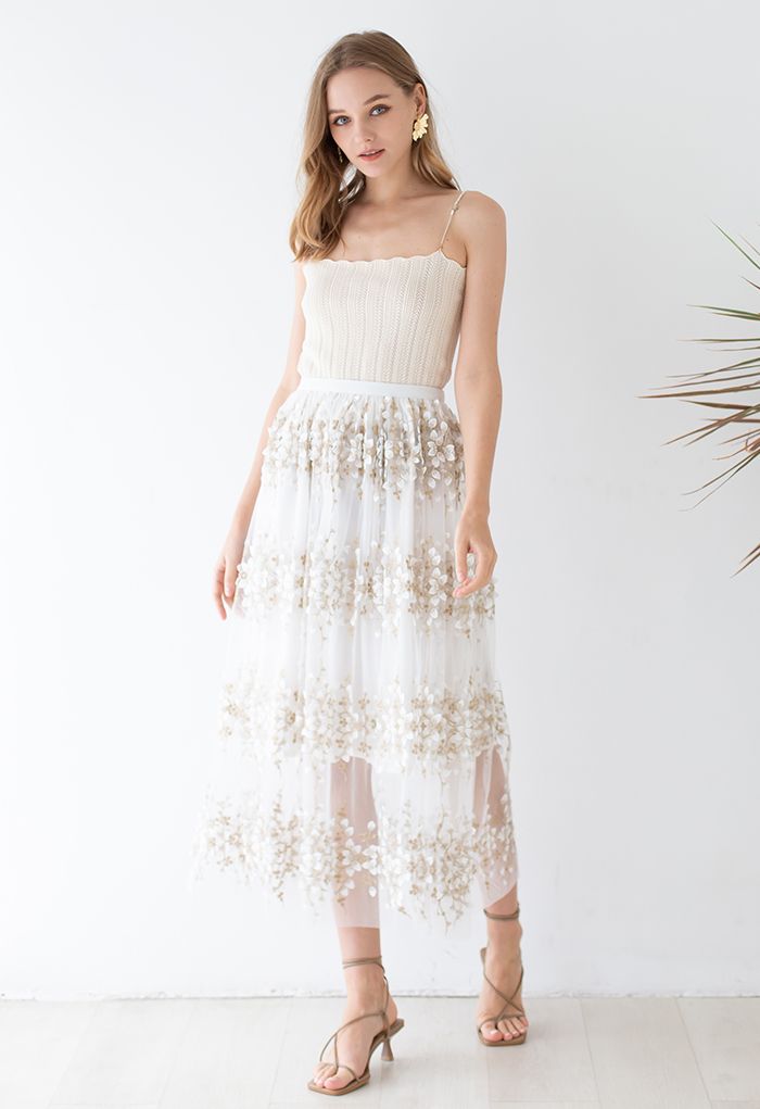 3D Vine Embroidered Mesh Tulle Skirt