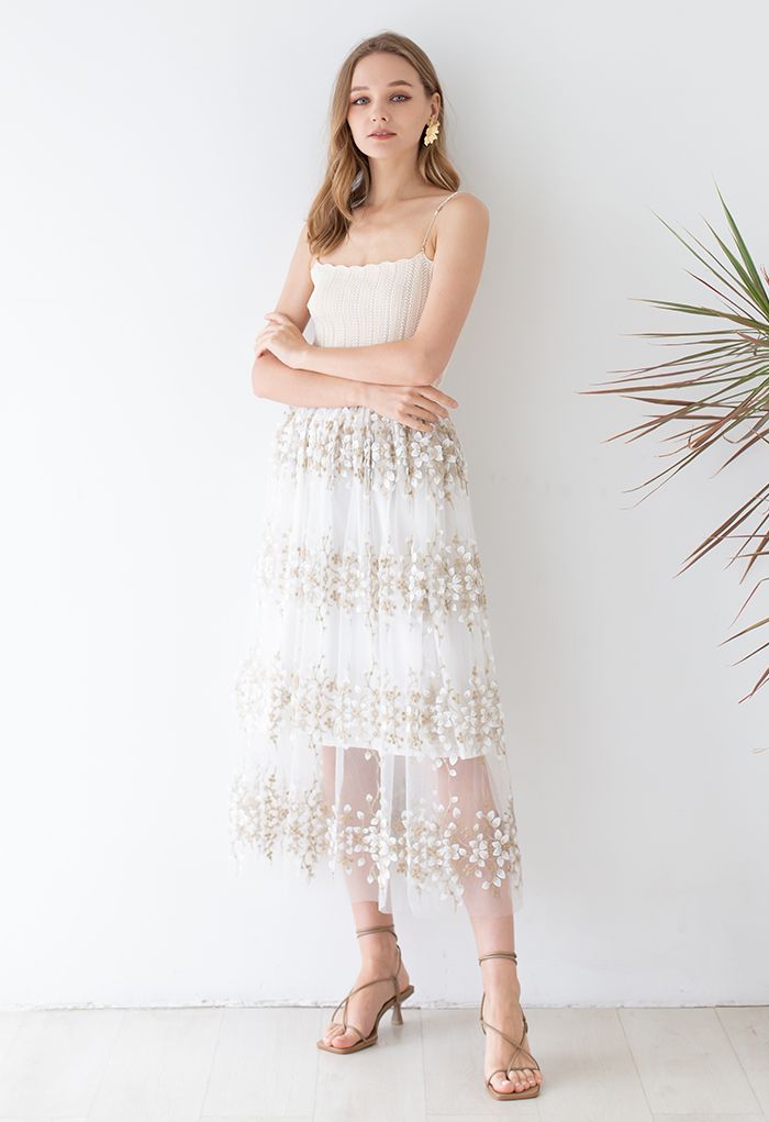 3D Vine Embroidered Mesh Tulle Skirt