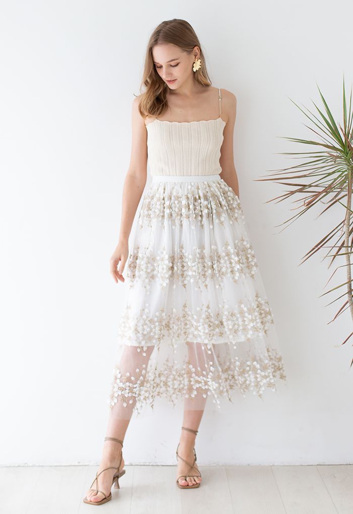 3D Vine Embroidered Mesh Tulle Skirt