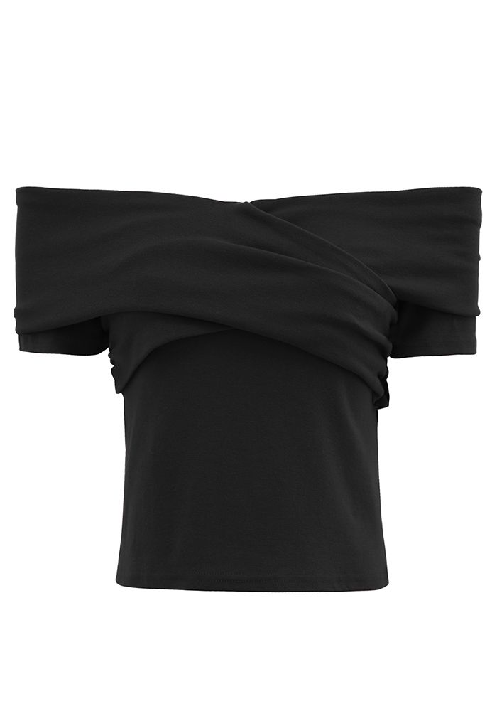 Trendy Cross Off-Shoulder Short Sleeve Top in Black