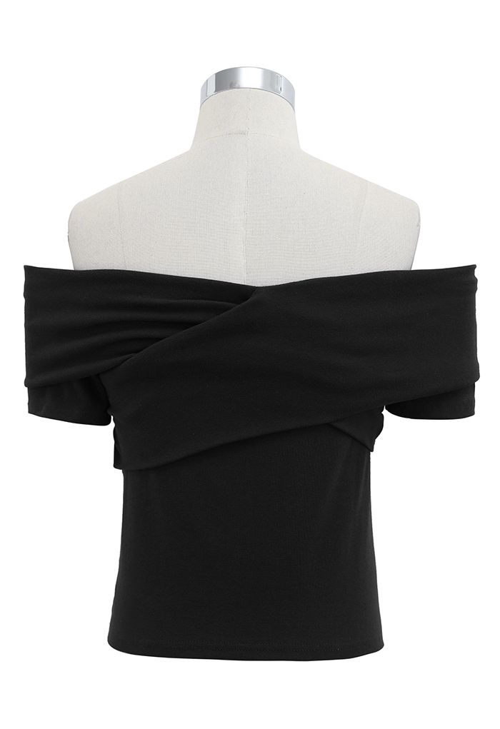 Trendy Cross Off-Shoulder Short Sleeve Top in Black