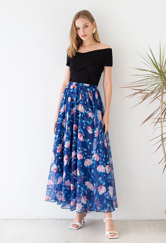 Blush Lotus Chiffon Maxi Skirt in Indigo