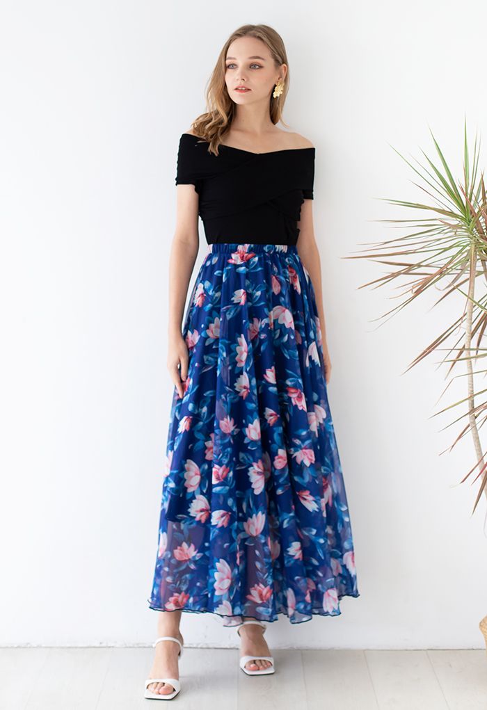 Blush Lotus Chiffon Maxi Skirt in Indigo