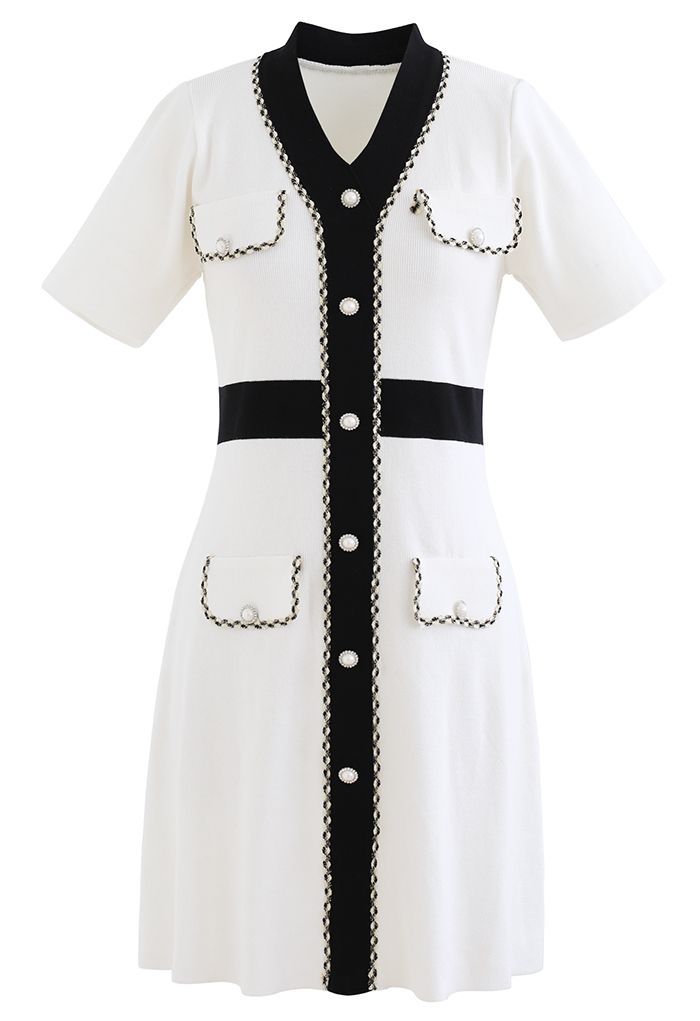 Retro Grace Contrast Color Knit Dress in White