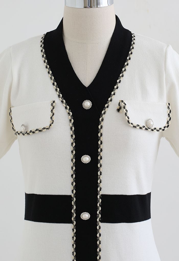 Retro Grace Contrast Color Knit Dress in White