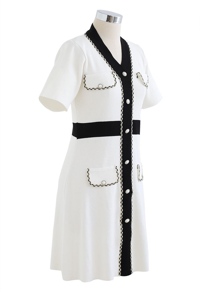 Retro Grace Contrast Color Knit Dress in White