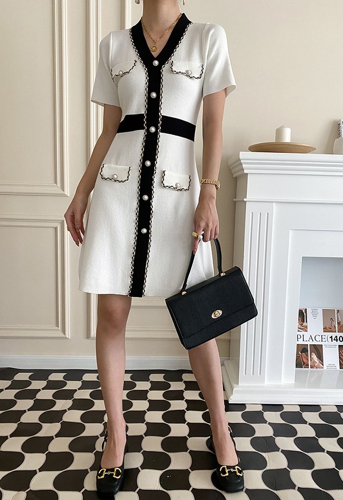 Retro Grace Contrast Color Knit Dress in White