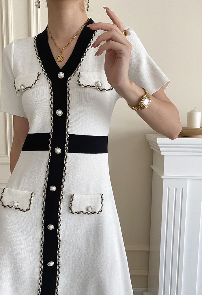 Retro Grace Contrast Color Knit Dress in White