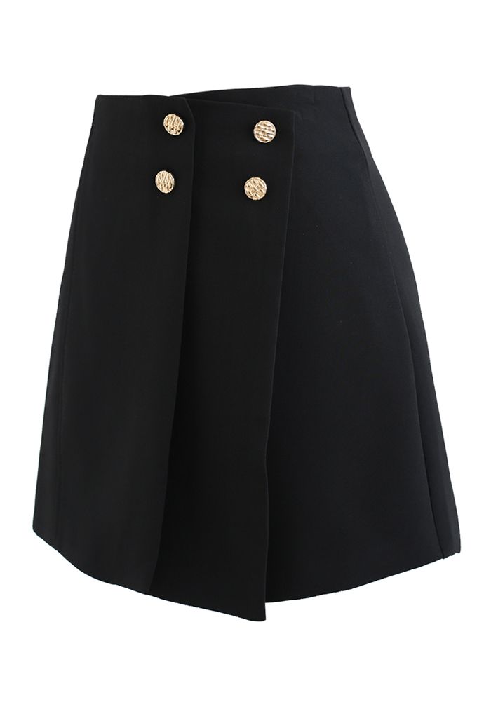 Flap Front Golden Button Trim Skorts in Black