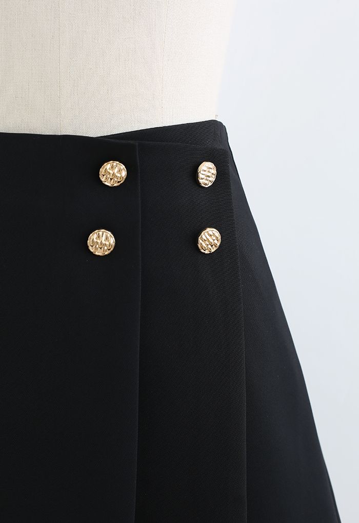 Flap Front Golden Button Trim Skorts in Black