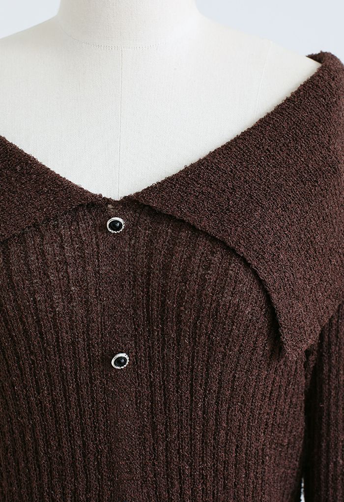 Giant Flap Collar Knit Crop Top in Brown