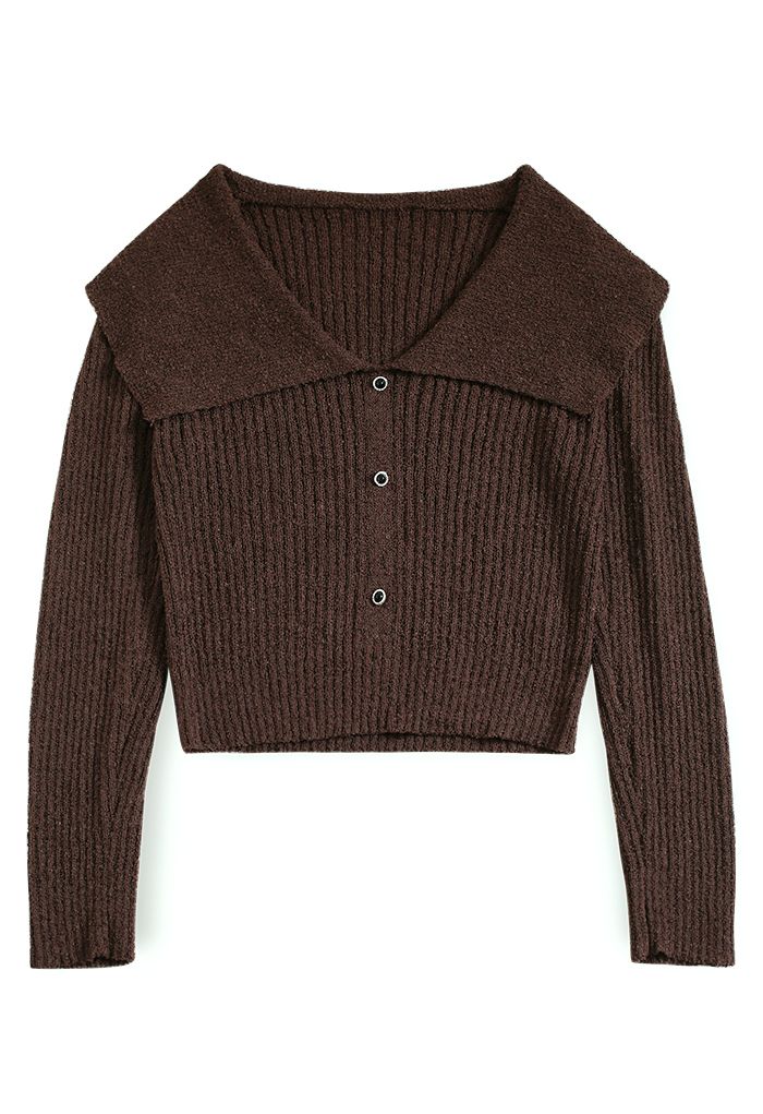 Giant Flap Collar Knit Crop Top in Brown