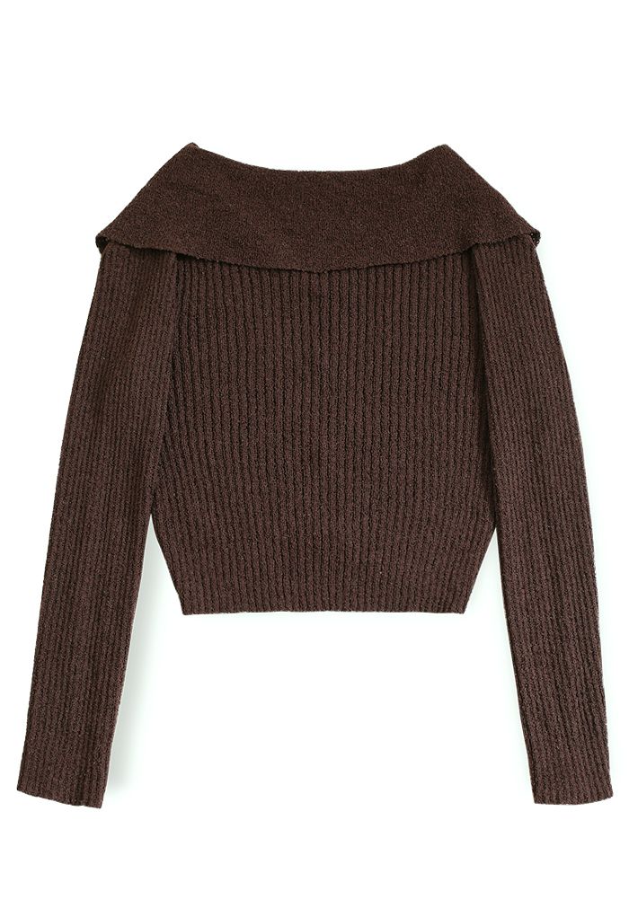 Giant Flap Collar Knit Crop Top in Brown