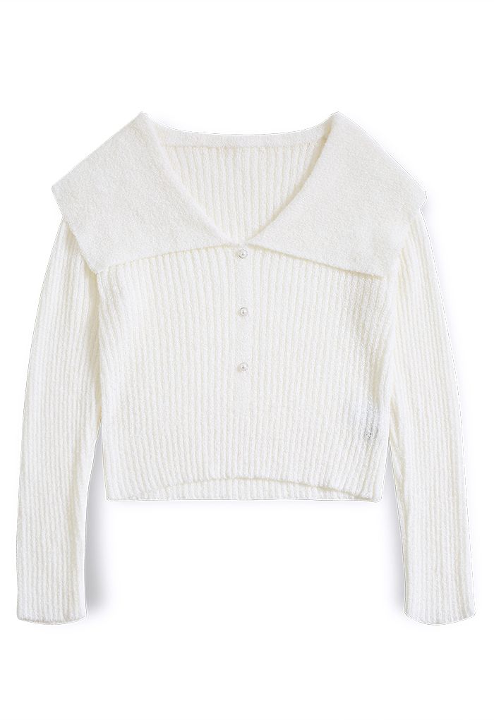 Giant Flap Collar Knit Crop Top in White