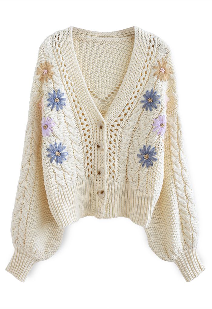 Stitched Flowers Braided Hand Knit Cardigan in Cream