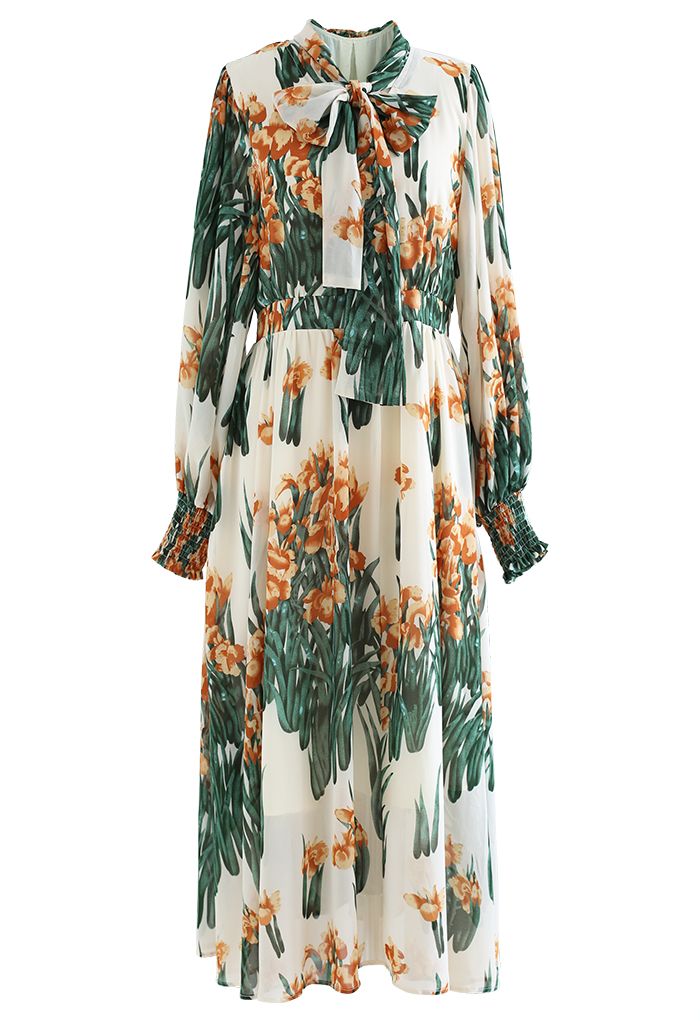 Lush Blossom Bowknot Chiffon Dress in Cream
