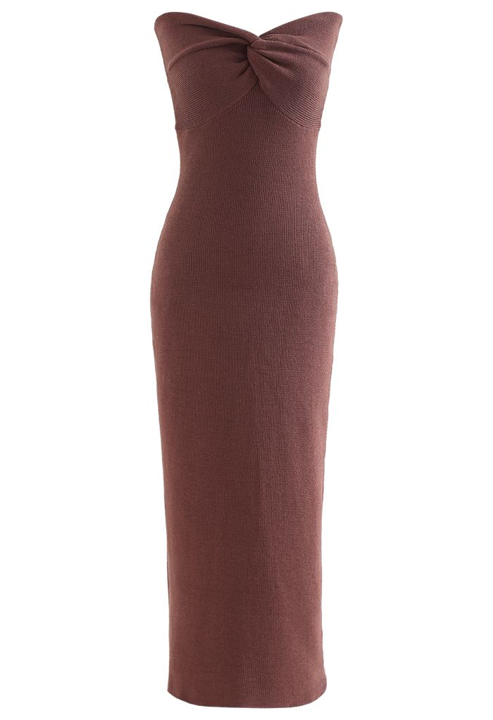 Knotted Front Fitted Knit Dress in Brown