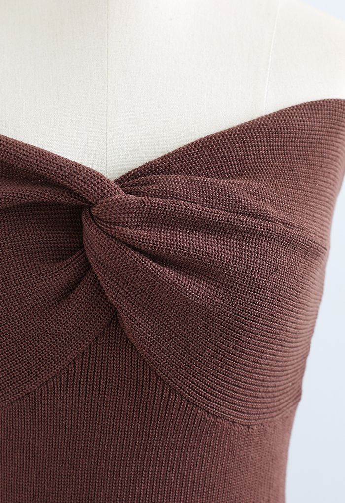 Knotted Front Fitted Knit Dress in Brown