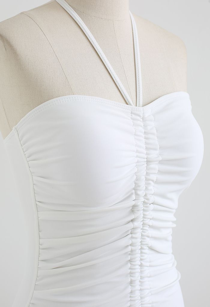 Halter Neck Ruched Front Swimsuit in White