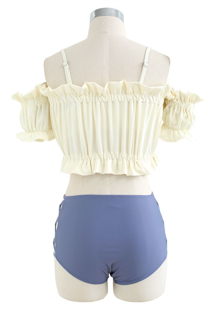 Ruffle Trim Cold-Shoulder Bikini Set in Cream