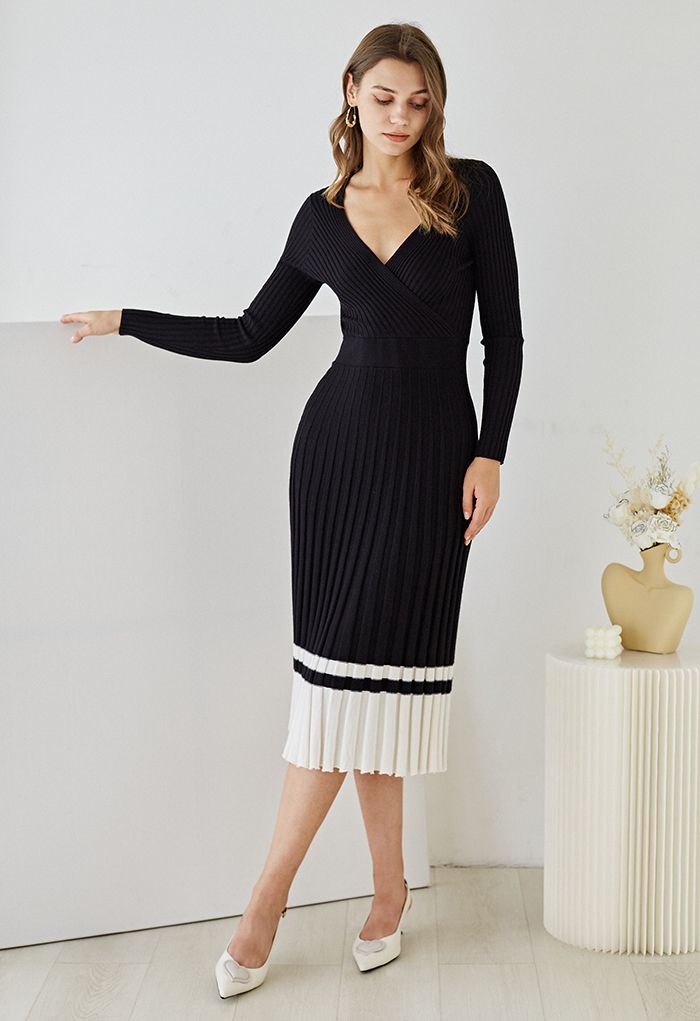 Soft Knit Contrast Hem Wrap Midi Dress in Black