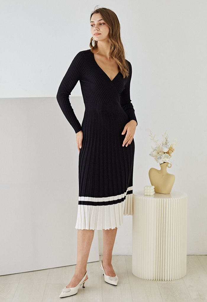 Soft Knit Contrast Hem Wrap Midi Dress in Black