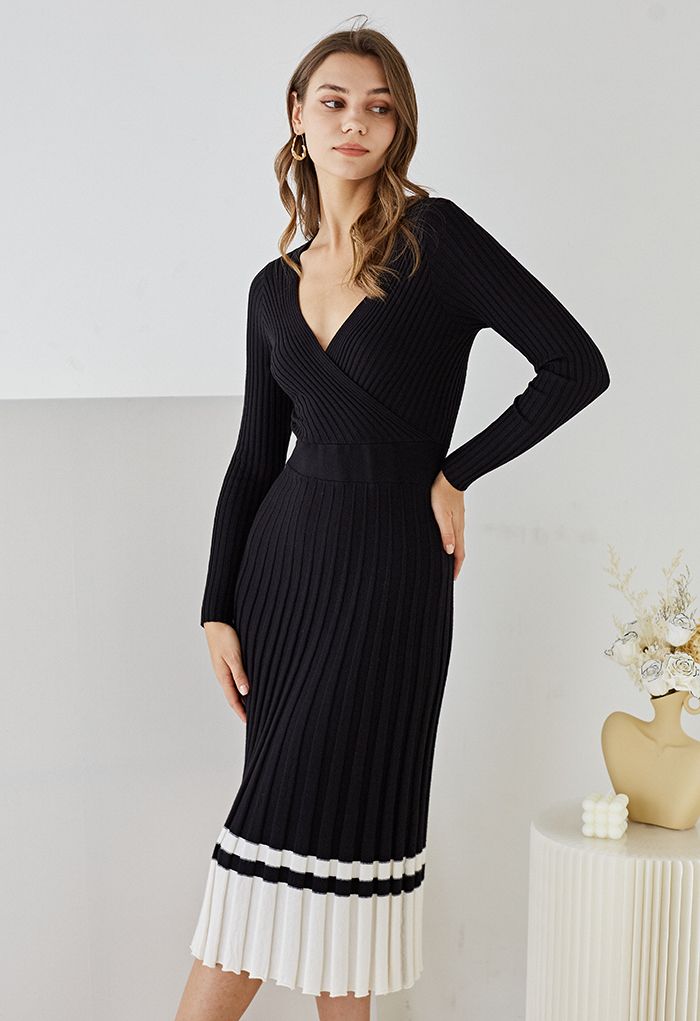 Soft Knit Contrast Hem Wrap Midi Dress in Black