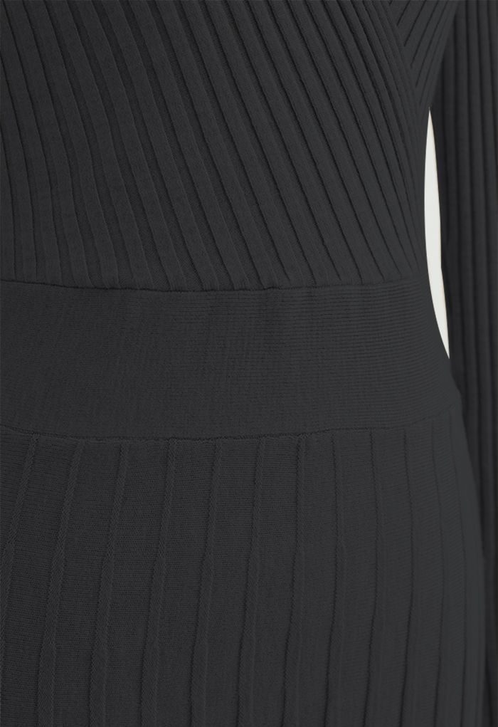 Soft Knit Contrast Hem Wrap Midi Dress in Black