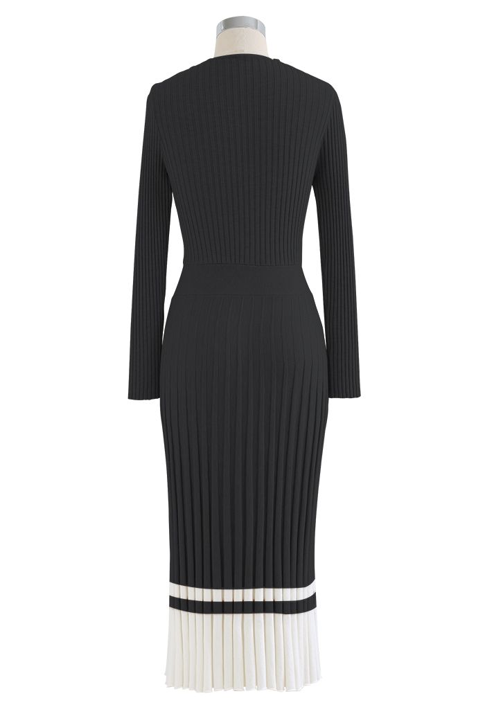 Soft Knit Contrast Hem Wrap Midi Dress in Black