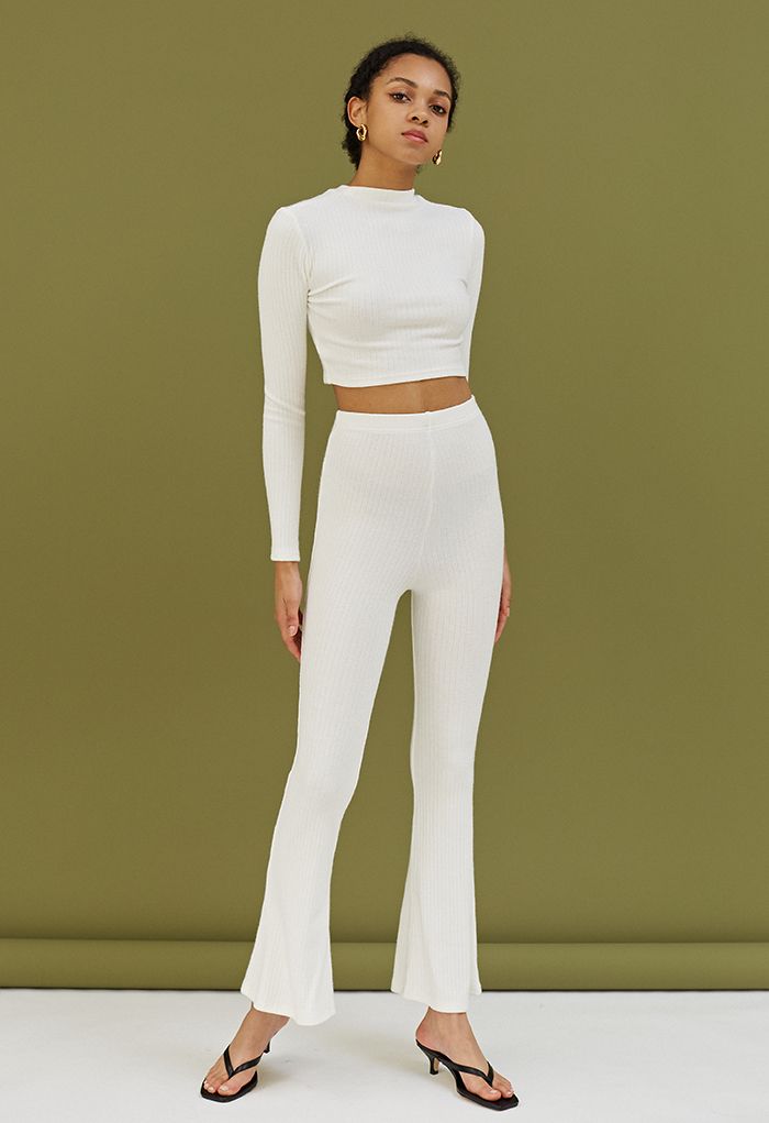Trendy Soft Crop Top and Flare Pants Set in White
