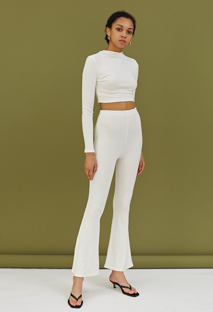 Trendy Soft Crop Top and Flare Pants Set in White