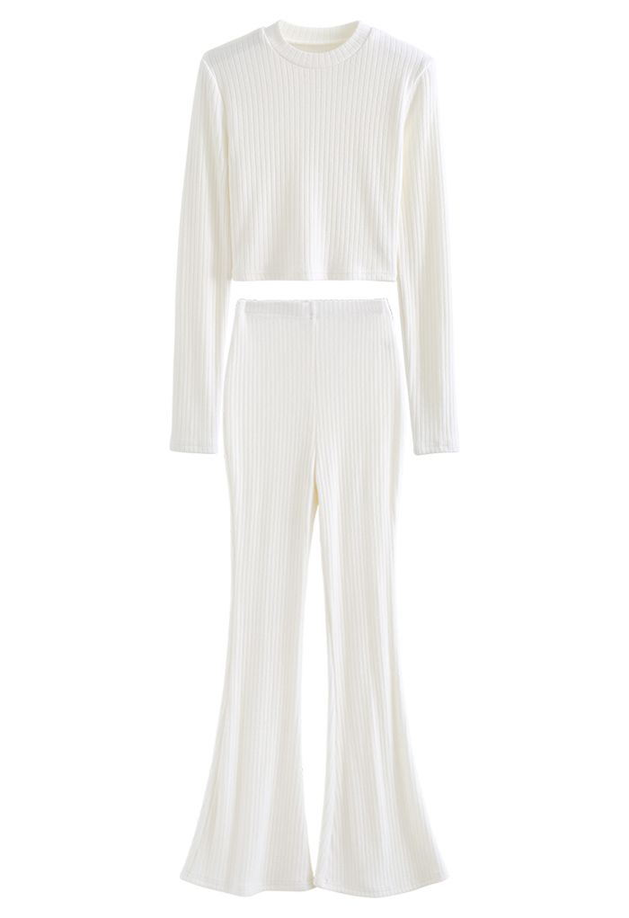 Trendy Soft Crop Top and Flare Pants Set in White