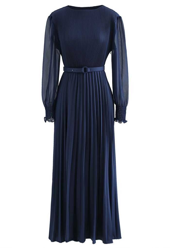 Full Pleated Belted Maxi Dress in Navy