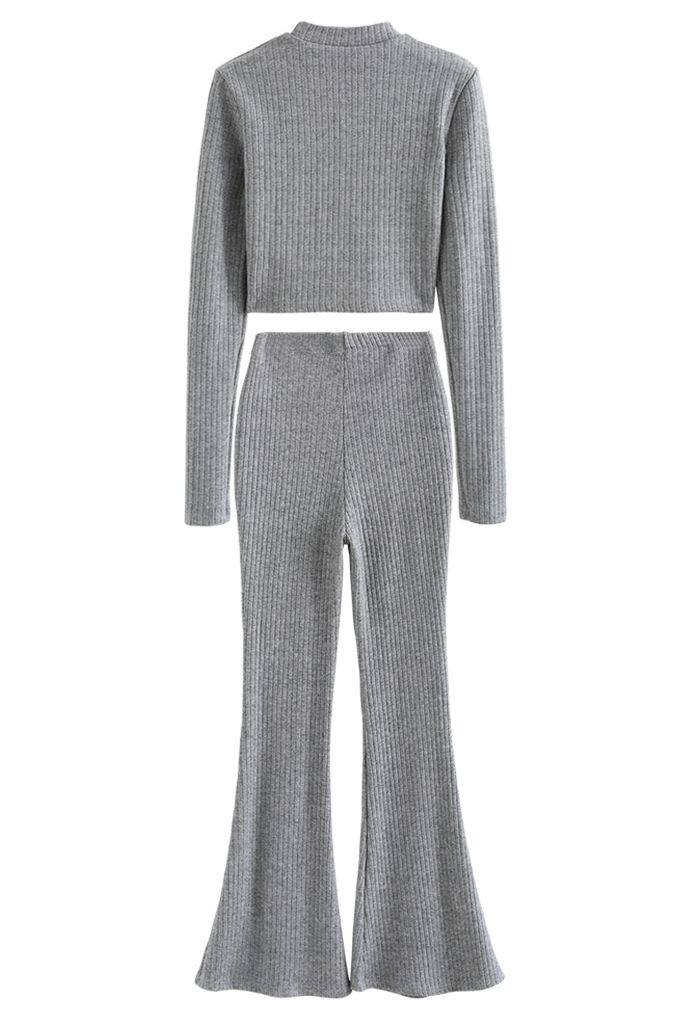 Trendy Soft Crop Top and Flare Pants Set in Grey