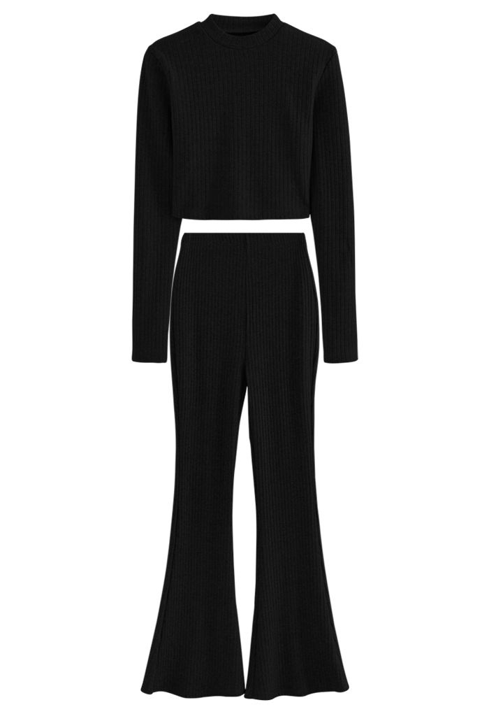 Trendy Soft Crop Top and Flare Pants Set in Black